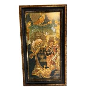 Vintage Madonna And Child Angels Wood Framed Picture 14th 15th Century Style